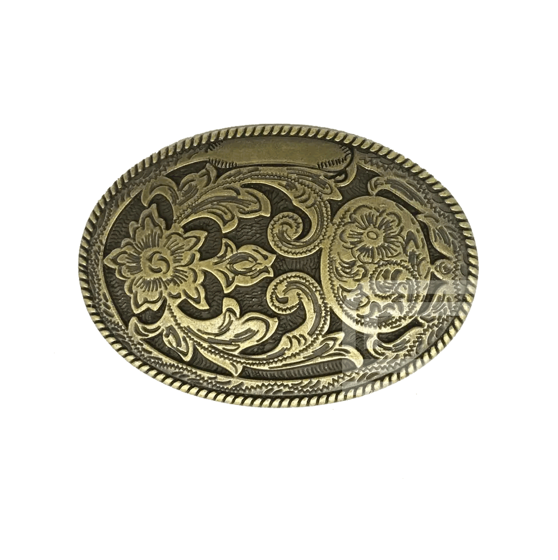 Brasswood Bloom Belt Buckle with antique brass finish and intricate Western floral scrollwork