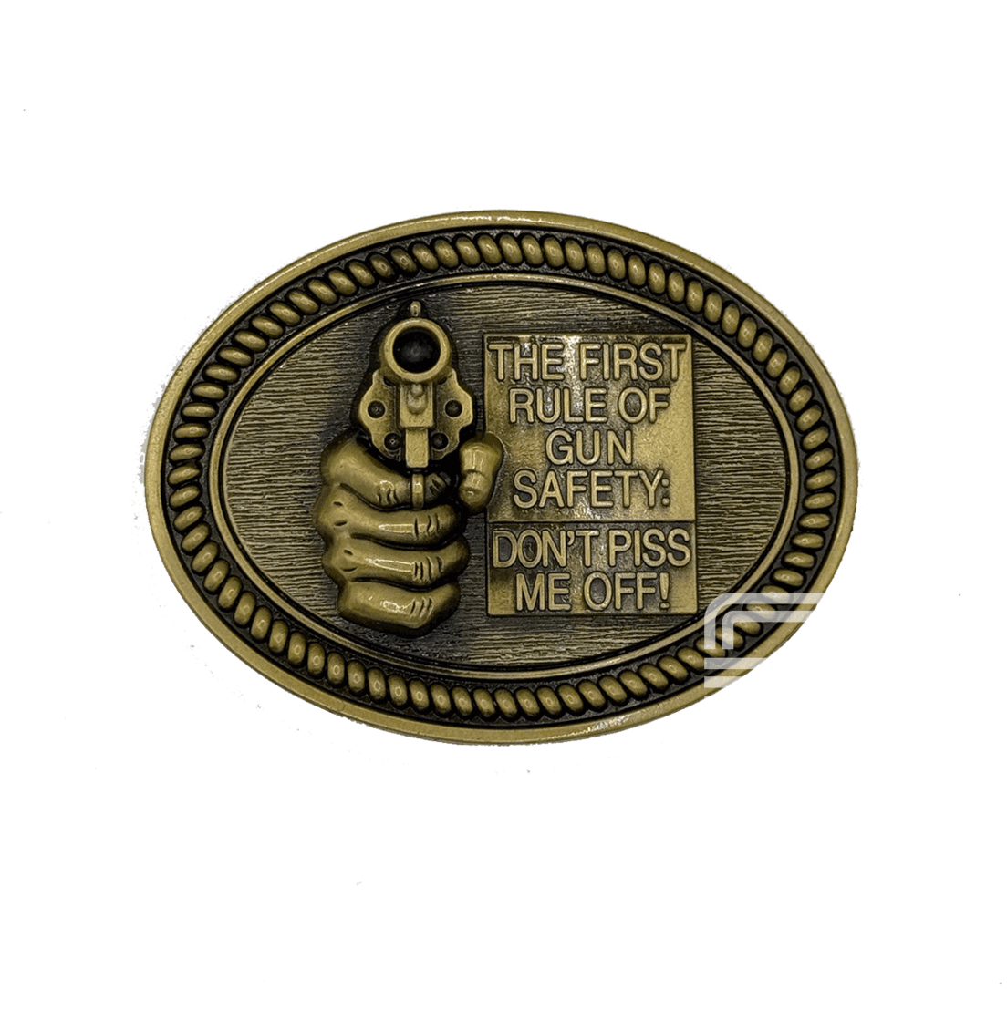 Antique gold-toned Locked & Loaded gun safety belt buckle with raised revolver and bold western-style border.