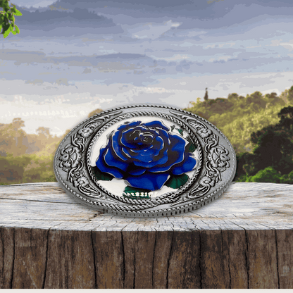 Blue Rose Belt Buckle with 3D antique silver frame and floral center.