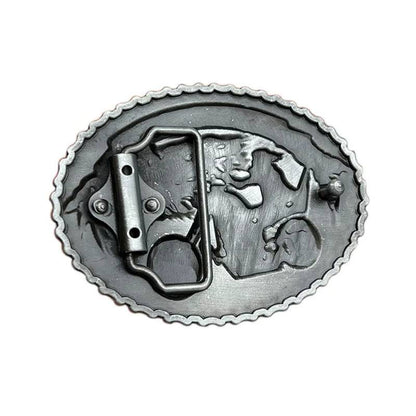 Motorcycle skull buckle with chopper rider and wolf design in silver-tone metal.