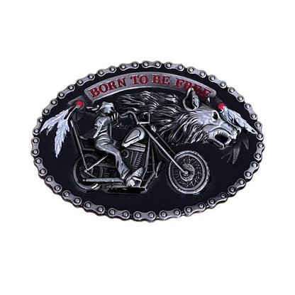 Iron Born Free Belt Buckle with chopper rider and wolf design, rugged silver-tone, motorcycle chain border, "Born to Be Free" engraving.