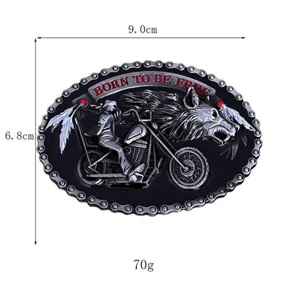 Motorcycle Skull Buckle with chopper rider and wolf design in silver-tone metal, "Born to Be Free" engraving.