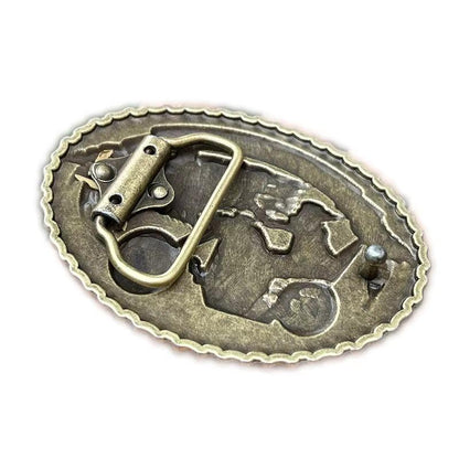 Motorcycle skull buckle with chopper rider and wolf design in rugged silver-tone.