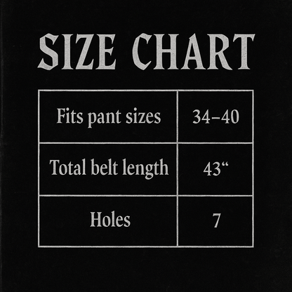 Size chart for studded gothic belt with 666 buckle, fits pant sizes 34-40, length 43 inches, 7 holes