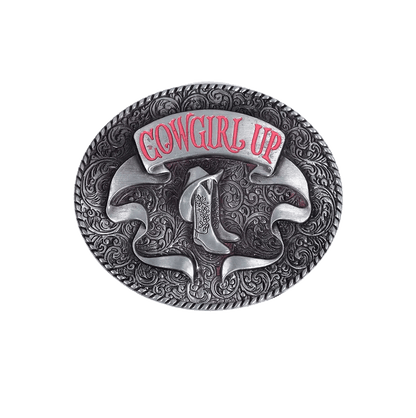 Cowgirl Up Boots Belt Buckle with Western lettering and scrollwork design.