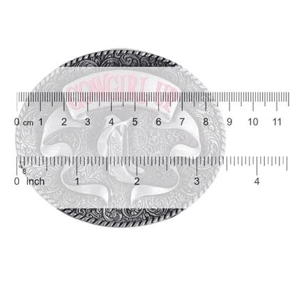 Cowgirl Up Buckle with Western lettering and scrollwork design, fits standard belts.