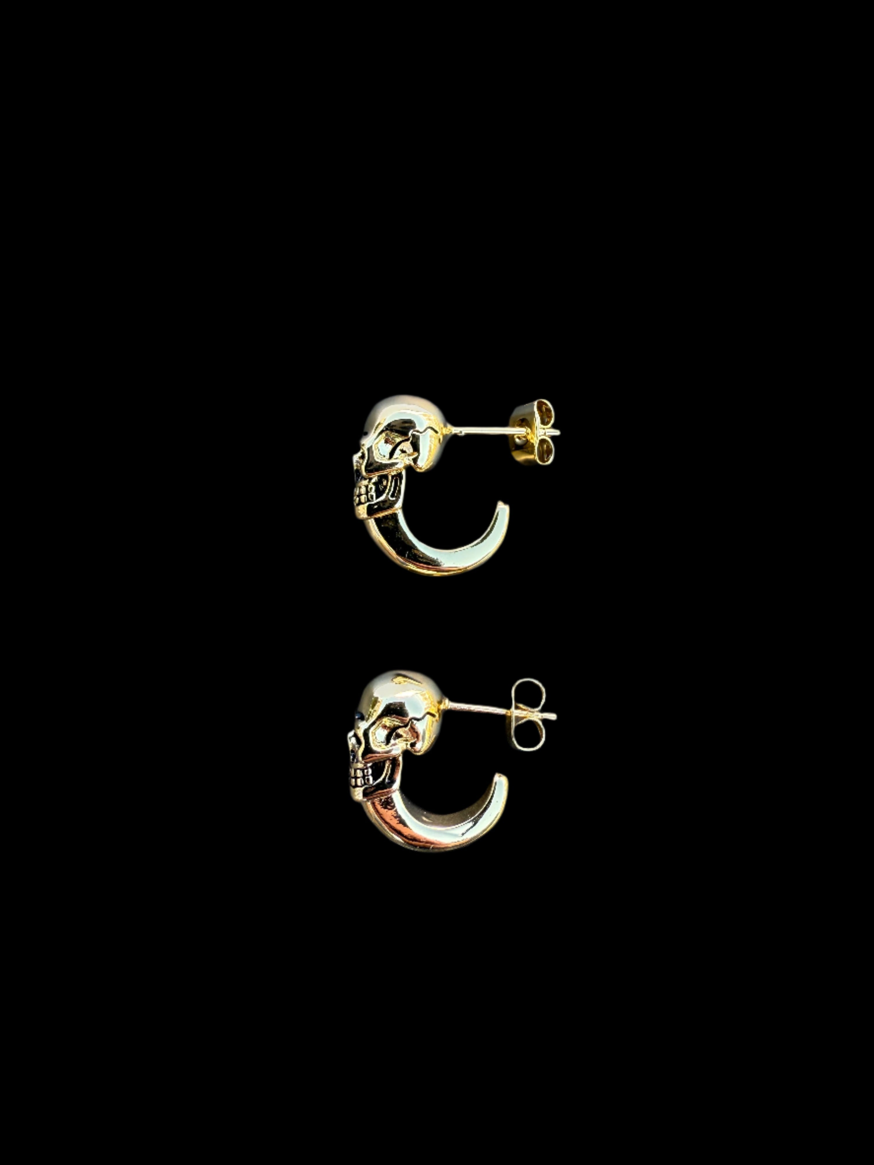 Unisex stainless steel skull earrings with hoop design.