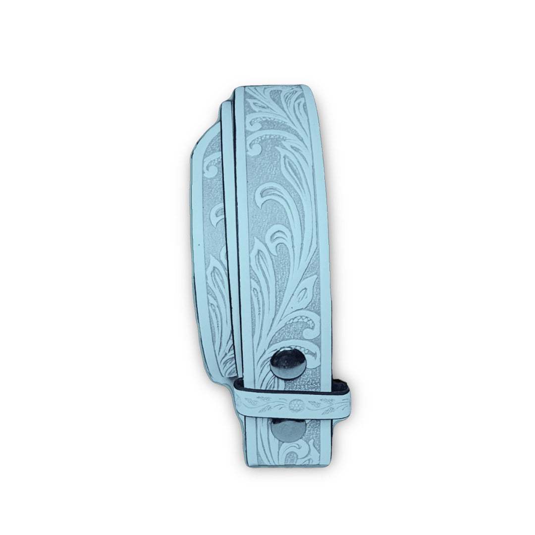 Light blue faux leather belt strap with floral design and snap ends for interchangeable buckles