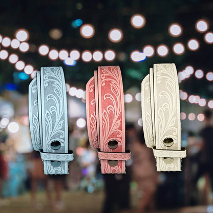 Light blue faux leather belt strap with floral western design, vegan and interchangeable buckle strap.
