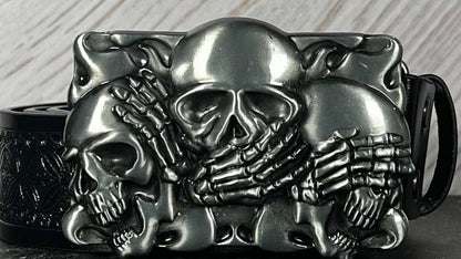 TornSlayer Skull Belt with "Three Wise Skulls" Buckle, Gothic Punk Faux Leather Unisex Accessory.