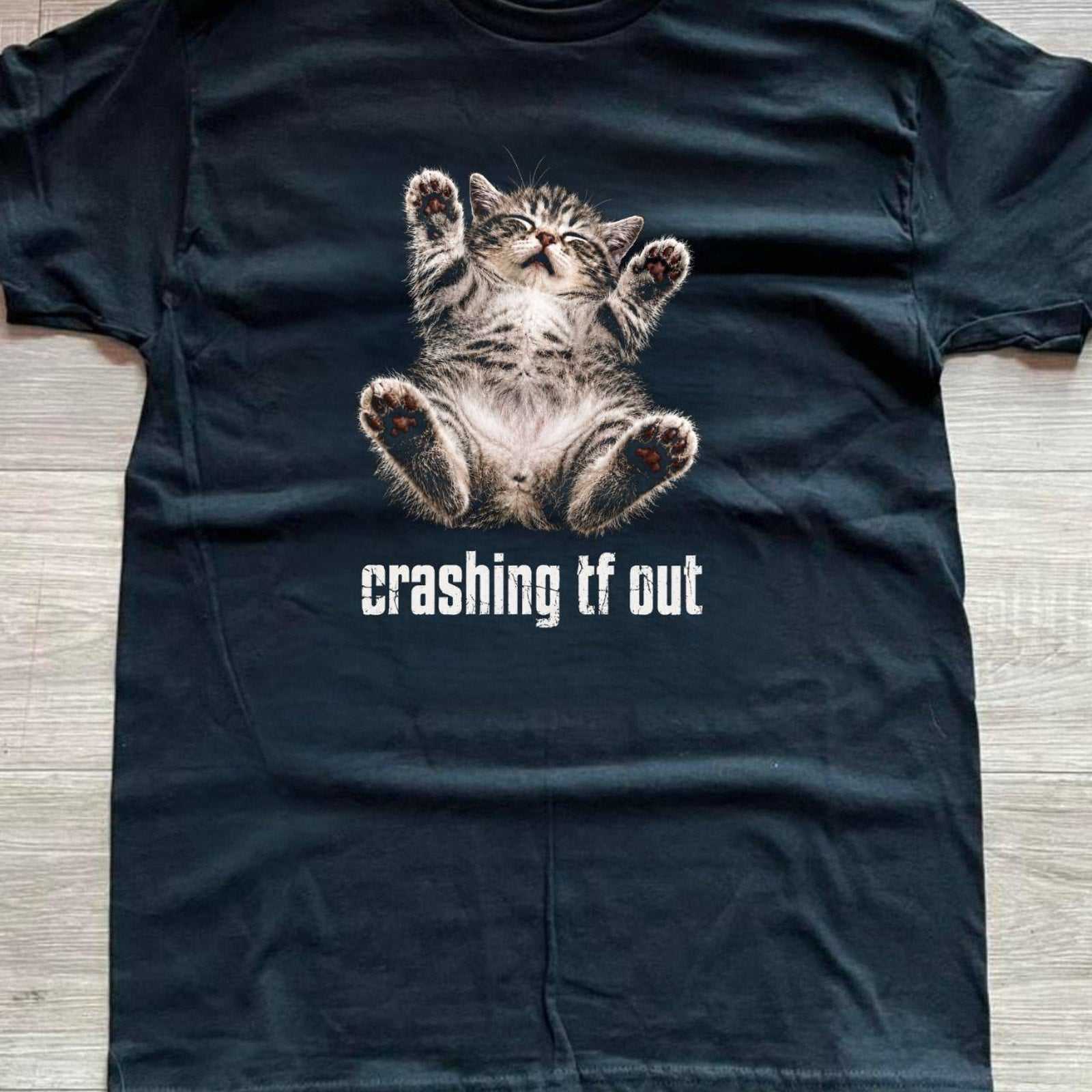 Crashing tf out black t shirt Gildan medium 100% preshrunk cotton front view