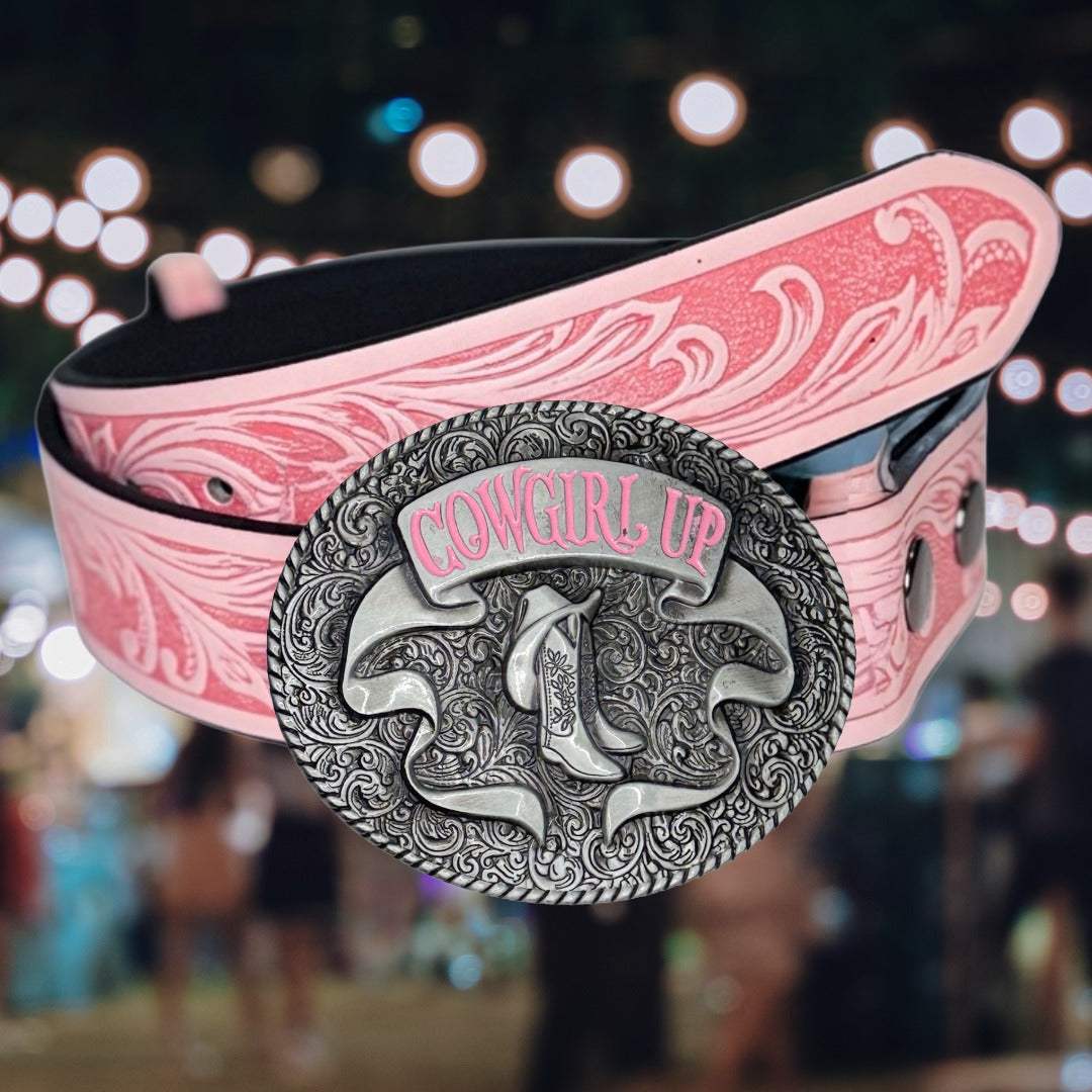 Pink Western Belt - Pink Cowgirl Up Belt and Buckle for  display picture 3