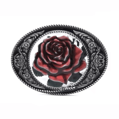 Vintage red rose flower belt buckle in antique silver finish
