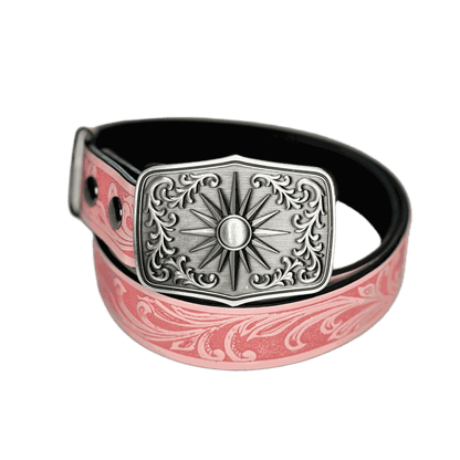 Pink Western-Boho belt with silver sunburst solid metal buckle and decorative embossed strap design