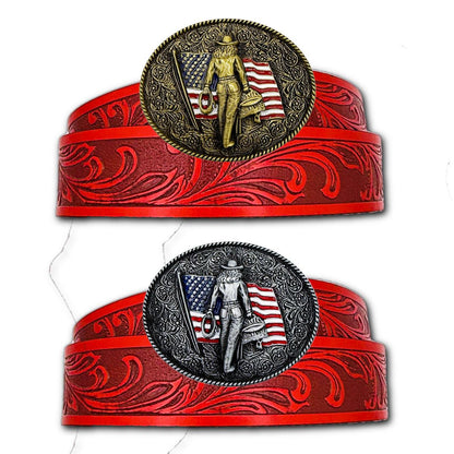 Red Western belt with embossed scrollwork and detailed oval buckle featuring cowgirl and American flag design, silver snap hardware, and matte red finish, American Crush Western Belt